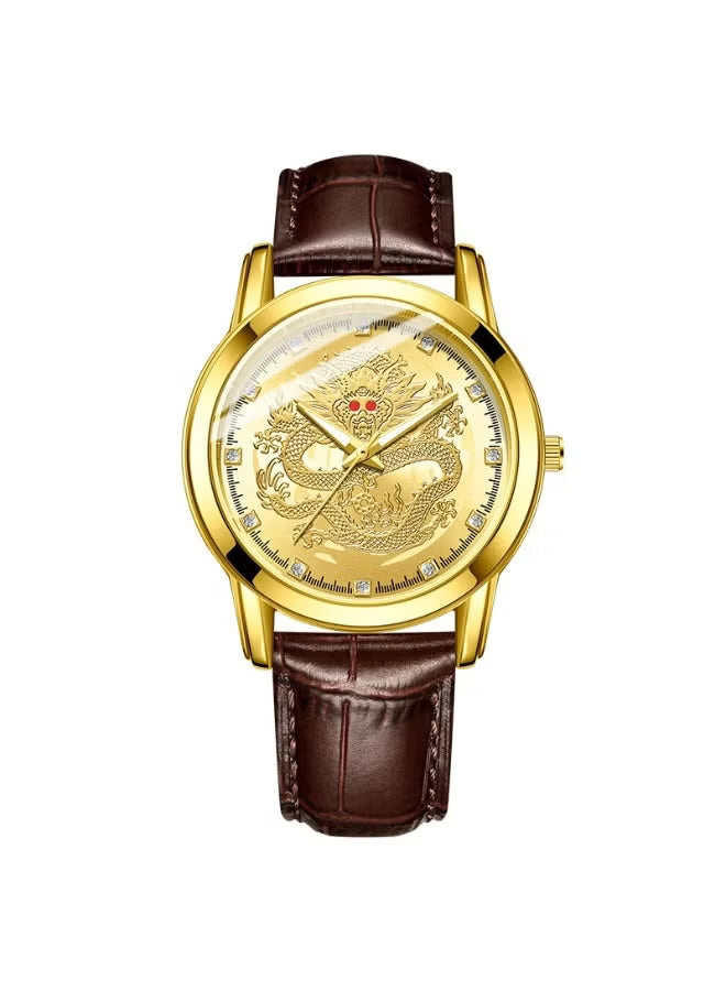 Men’s Gold Dragon Dial Quartz Watch with Leather Strap