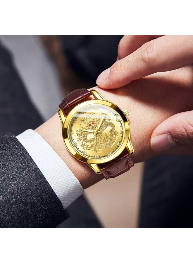Men’s Gold Dragon Dial Quartz Watch with Leather Strap